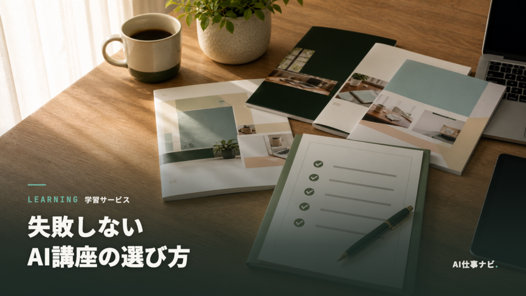 複数のAI講座資料とチェックリストを見比べている机上のアイキャッチ画像