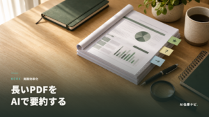 長いPDF資料をChatGPTで要約する手順を表す書類と付箋のアイキャッチ