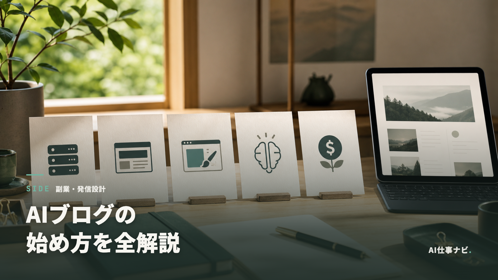 AIブログの始め方をサーバー、WordPress、テーマ、AI執筆、収益化準備の流れで示したアイキャッチ