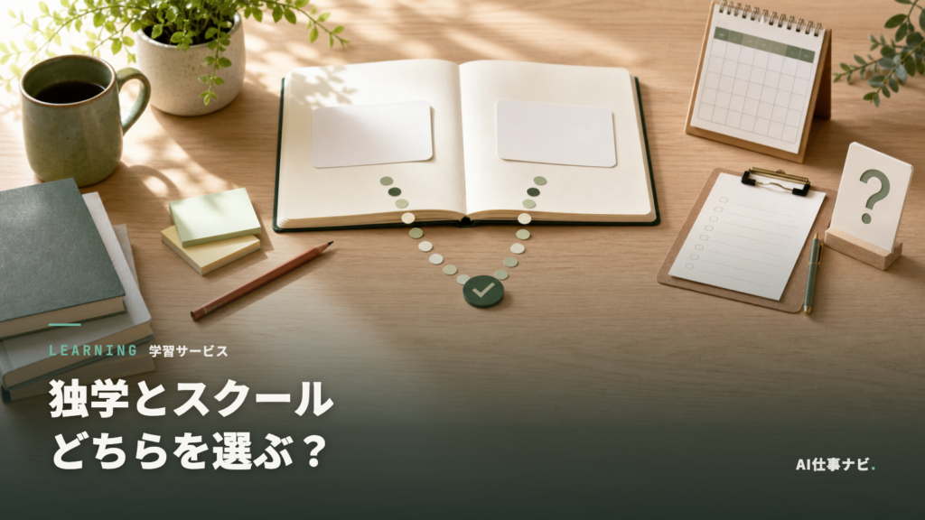独学とスクールのどちらを選ぶかを、机上の分岐とチェックマークで表したアイキャッチ画像